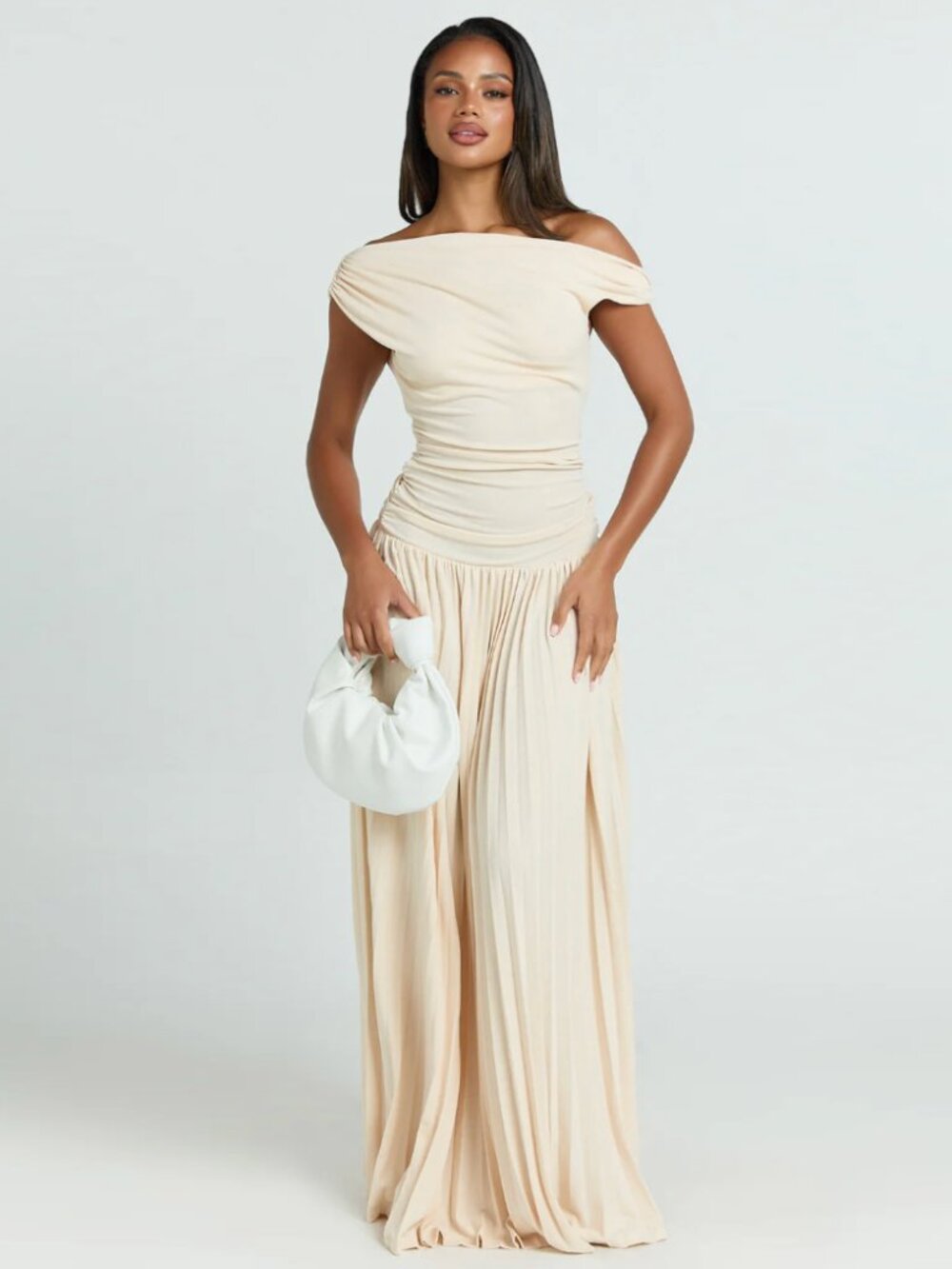 Showpo Yvonne Maxi Dress Pleat Skirt Tip Shoulder Ruched Dress
